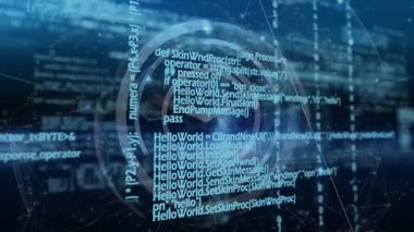 Gelişmekte olan HUD saat yönünde döner eşmerkezli kod halkaları başlatarak veri akışını görselleştiriyor. Fütürist, siber uzay, arayüz, görselleştirme, dijital, yüksek teknoloji, soyut