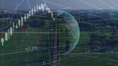 Küre, parkın üzerinde yükselen ve batan çizgileri gösteren, pazar eğilimlerini tasvir eden cisimleşmiş. Genel, finans, analitik, teknoloji, veri, modern, kentsel