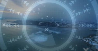 İnce mavi şebeke karla kaplı adayı haritalandırmak için dijital HUD taramasını etkinleştiriyor. Fütürist, navigasyon, teknoloji, arayüz, keşif, uzak, kutup