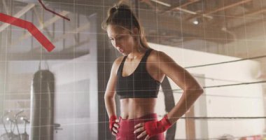 Şebeke, boksör başını kaldırırken ve kendine güvenini gösterirken kırmızı grafiğin yükseldiğini gösteriyor. Sporcu, antrenman, fitness, performans, kararlılık, güç, kentsel