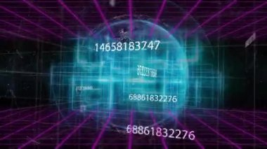 Eflatun şebeke üzerinde açılıyor. Cyan küp titreşimi, canlı arayüzü gösteren dönen veri küresi numaralarına dönüşüyor. Neon, gelecekçi, dijital, holografik, siber, teknoloji, soyut