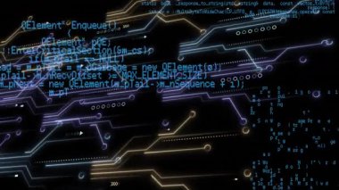 Parlayan devre izleri ortaya çıkıyor, mavi kodu örtüyor, veri akışını temsil eden ok simgeleri atıyor. Fütürist, dijital, soyut, teknolojik, ağ, hareket, neon