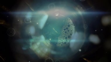 Mercek temizleme, küre başlatma, dönen dokular ve titreşen geometrik ağ. Soyut, fütüristik, dijital, bilim kurgu, göksel, aydınlık, dinamik