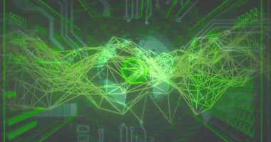 Parlayan çekirdek ortaya çıkıyor ve kablo örgüsü devrelerin üzerinde dalgalanarak veri akışını gösteriyor. Teknoloji, yenilik, dijital, fütürizm, veri görselleştirme, siber, yüksek teknoloji