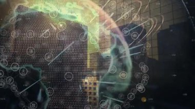 Veri etiketlerinin canlandırılması, noktalı dünyanın saat yönünde dönmesi ve veri ağını gösteren simgelerin titreşimi. Teknoloji, bağlantı, dijital, yenilik, şehir, ağ, fütürist