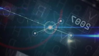 Merkezi parlayan düğümler birleşen düğümler, titreşimli daireler ve genişleyen kırmızı yarım daire ağı. Teknoloji, dijital, ağ, yenilik, fütürist, veri, bağlantı