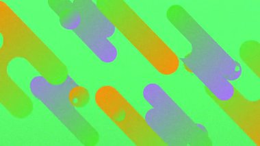Yeşil tuval başlatılıyor, eğimli çubuklar ve küreler çapraz olarak kayıyor, yavaşlıyor ve kayboluyor. Soyut, geometrik, dijital, canlı, modern, model, hareket