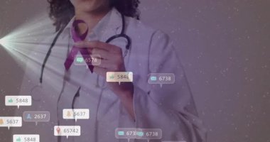 Laboratuvar önlüklü doktor, etrafında sosyal ikonlar büyürken mor farkındalık kurdelesini yaklaştırıyor. Sağlık, savunma, destek, katılım, şefkat, iletişim, dijital