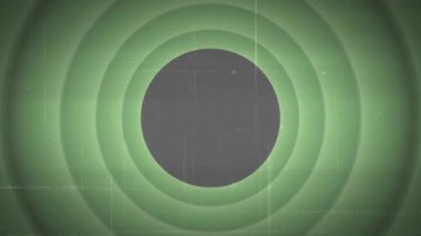 Statik temizleme ve stilize arkaplan üzerinde eşmerkezli halkalar ortaya çıkarmak, İlahi GEE başlığını tanıtmak. Soyut, hipnotik, geometrik, vintage, titreşimli, dijital sanat, retro-futuristik