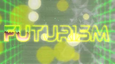 Izgara koridoru açılıyor. Mor çizgi ve sürüklenen duman küreleri ile parlayan neon fUTURISM metni ortaya çıkıyor. Siberpunk, bilim kurgu, dijital, holografik, fütüristik, soyut, teknoloji