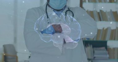 Kıdemli erkek doktor çalışmada hologramı çalıştırıyor beyin dönüşümlü olarak lopları inceliyor. Tıbbi, eğitim, fütüristik, teknoloji, araştırma, mesleki, yenilik
