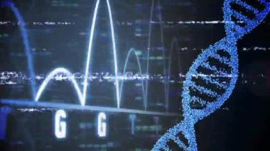 Arıza kıvılcımlı dalga formunda tepeler 3 boyutlu DNA sarmalı gibi kayarak dizilim kaymasını gösteriyor. Teknoloji, biyoteknoloji, görselleştirme, fütürizm, yenilik, dijital, bilimsel