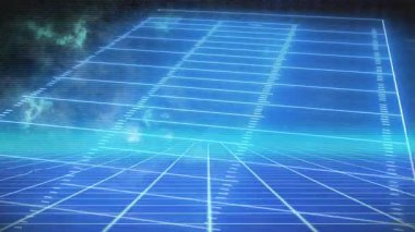 Neon-blue dijital şebeke düzlemi yukarı doğru dönerek, ufuk çizgisini titreterek, açılı örgüyü ortaya çıkarıyor. Fütürist, sanal, holografik, bilim kurgu, ortam, dijital, teknoloji