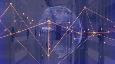 Titreyen holografik dünya, ağ düğümlerini döndürerek sunucu koridorunda verileri görselleştiriyor. Fütürist, dijital, teknoloji, bağlantı, siber güvenlik, yenilik, sibernetik