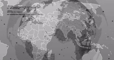 Yarım ton nokta halkası dünyayı döndürmeye başlıyor. İzleme kıtalarını döndürüyor. Artı sinyal kodu verileri gösteriyor. Teknoloji, veri görselleştirme, dijital, ağ, fütüristik, soyut, yenilik