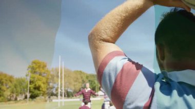 Rugby oyuncusu atlıyor ve top fırlatılıyor. Animasyon yayını, Jumperların ele geçirmesini sağlamak için başlatılıyor. Atletizm, takım çalışması, rekabet, spor, aksiyon, açık hava, spor