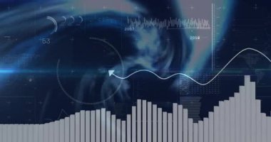 Dönen girdap başlangıç çubuğu grafiği dalgalanıyor, sinüs işaretleme yılları, zaman çizgisini gösteren gösterge dolgusu. Gelecekçi, dijital, veri, analiz, ağ, teknoloji, görselleştirme