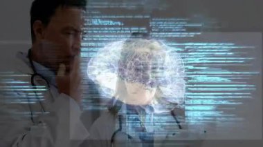 İki doktor tableti tıkırdatıyor ve tıbbi ofiste holografik beyni işaret ediyor. Mavi kodu analiz ediyorlar. Tıbbi, teknoloji, yenilik, araştırma, bilim, sağlık, fütüristik