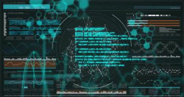 Arayüzün çalıştırılmasında, merkezi düğüm ağı veri akışını görselleştirirken GUI panelleri canlandırılıyor. Veri görselleştirme, kablo çerçevesi, dijital arayüz, analitik, teknolojik, gelecekçi, ağ oluşturma