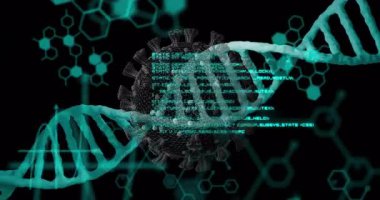 Başlangıçta DNA sarmalı kablo virüsünün yanından geçerken viral verileri gösteren solmuş altıgen kodları kaydırıyor. Biyoteknoloji, moleküler, fütüristik, bilimsel, dijital, yenilik, teknoloji