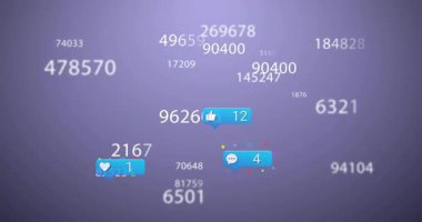 Mor renk değişimi, yüzen metrik baloncuklar, artan katılımı gösteren sayılar. Animasyon, dijital, canlı, etkileşimli, sosyal, teknoloji, metrik