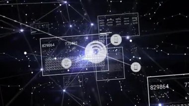 Sürüklenen paneller veri akışını başlatıyor, simgeler düğümler etrafında titreşim çizgileri çiziyor, sayılar dönüyor. Futuristik, teknolojik, dijital, bağlantı, yenilik, veri görselleştirme, ağ