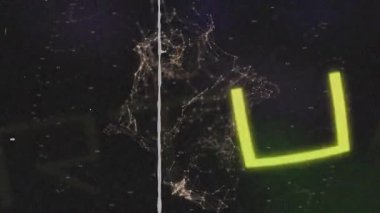 Sürüklenen düğümler, karanlık boşlukta karelerle neon harfler oluşturur, arıza çizgisi parçaları ayırır. Fütürist, dijital, siber, soyut, neon, teknoloji, ağ