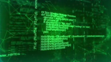 Kırpma göründüğünde, kablo küresi görüntüleme ağını döndürürken yeşil kod kayıyor. Teknoloji, siber güvenlik, dijital, soyut, geleceksel, ağ, görselleştirme