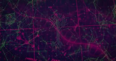 Yeşil düğümler elektrik devresi ağaçlarının veri akışını belirlerken iki saniyede kırmızı kod yayılıyor. Teknoloji, dijital, fütürizm, bağlantı, yenilik, soyut, ağ