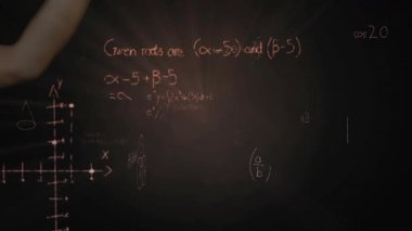 İnsan kolu sol taraftan kayarak 3 boyutlu beyin hologramını oluşturuyor. Matematik kavramlarını gösteren formüller. Eğitim, yenilik, fütüristik, bilimsel, analitik, dijital, kavramsal