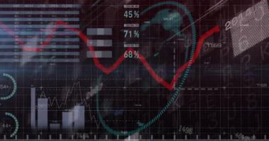 Yükleme arkaplanında, kırmızı çizgi kayması, çizelgeler maddeleşiyor, harita torpido gözünde kayıyor. Analizler, görselleştirme, gösterge paneli, veri, bilgi grafikleri, dijital, iş