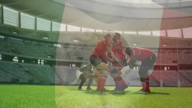 Rugby oyuncuları çizgi dışına çıkmaya hazırlanıyor. Jumper kaldırıyor, topu yakalıyor ve animasyon bayrağıyla topu ele geçiriyor. Sporcular, takım çalışması, rekabet, spor, savunma, strateji, çeviklik