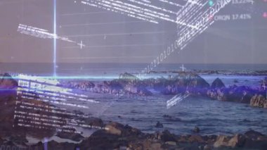 Alacakaranlık kıyı şeridi dalgalar üzerinde ikili akış başlatarak paneller oluşturur, kalp pilleri pazar verilerini çizer. Deniz manzarası, veri görselleştirme, dijital kaplama, finans teknolojisi, sakin çevre, fütüristik, analitik