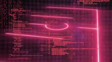 Kırmızı kod akışı neon çubukların dikdörtgen içine kaymasına ve yukarı doğru eğimli alan oluşturmasına neden olur. Fütürist, siber, teknoloji, dijital, neon, soyut, arayüz