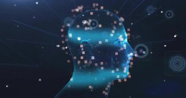 Yüklemede mavi kablo başı görünüyor, sağa dönüyor, sola dönüyor ve ağ haritasını gösteriyor. Fütüristik, teknoloji, veri görselleştirme, soyut, dijital, yapay zeka, yenilik