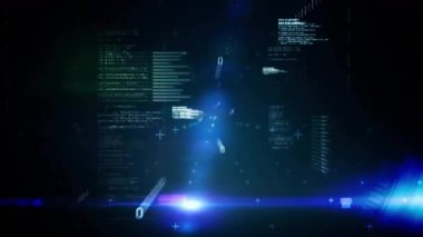 Mavi parlayan kod parçalarını somutlaştıran paneller birleşerek üç boyutlu veri şebekesi oluştururken. Dijital, geleceksel, holografik, teknoloji, yenilik, veri, siber güvenlik