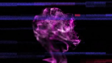 Ortaya çıkan mor parçacık bulutu dalgalanıyor, sonra da dijital efekti göstermek için mavi çubuklar süpürülüyor. Soyut, dijital sanat, fütüristik, neon, hareket, bilim kurgu, teknoloji