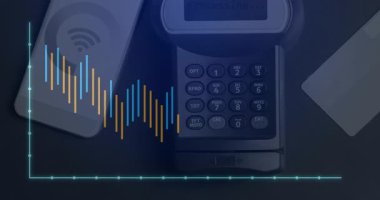 Ödeme terminalini kaplayan solgunluk çubukları azalıyor, kayıyor ve eğilim dalgalanmalarını görselleştiriyor. Veri görselleştirme, finans, dijital ödemeler, analitik, teknoloji, şirket, modern tasarım