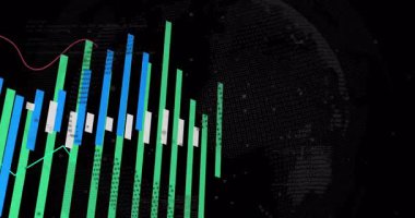 Çubuklar ortaya çıkıyor, küre cisimleşiyor, çizgiler süpürülüyor, bağlanıyor, kamera panelleri veri eğilimlerini gösteriyor. Soyut, fütüristik, dijital, analitik, yenilik, teknoloji, bilgi