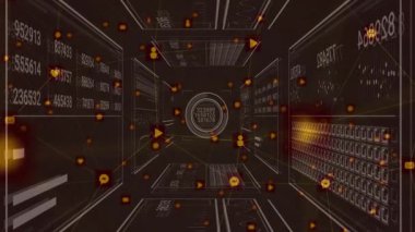 Kamera ileri doğru hareket ederken, 3 boyutlu kablo koridoru grafikleri, yüzen simgeleri, verileri güncelliyor. Fütürist, dijital, arayüz, analitik, teknoloji, sürükleyici, minimalist