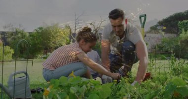 Bahçıvanlık yapan baba diz çöküp toprak kazıyor ve çocuklar tohum ekerken altın parıltıları başlatıyor. Aile, bahçıvanlık, açık hava, etkinlik, uyum, kutlama, doğa