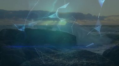 Yarı saydam çokgenler kıyıda maddeleşiyor ve üç boyutlu dünyaya bağlanıyor ve katlanıyor. Fütürist, dijital, minimalist, okyanussal, soyut, teknolojik, yenilikçi