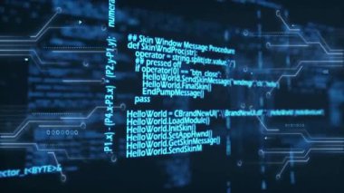 C + + kod döndürme devresi içine genişleyen yarı saydam kod parçası görselleştirme kod akışını örtüyor. Fütürist, dijital, teknoloji, sibernetik, arayüz, dinamik, soyut