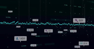 Dalga biçimi oluşturan deniz mavisi noktalarıyla başlayan animasyon, değişen veri değerlerini gösteren çağrılar. Veri, görselleştirme, gösterge paneli, analitik, bilgi, teknoloji, dijital