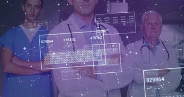 Tıbbi ekip hastanede, parlayan ağ görünüyor sonra paneller güncelleniyor ve çözülüyor. Sağlık, işbirliği, veri görselleştirme, dijital teknoloji, profesyonel, tıbbi personel, yenilik