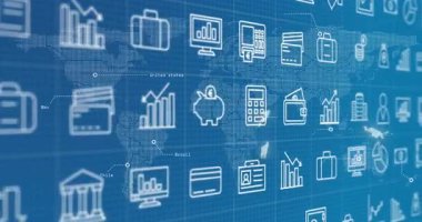 Haritadan sonra finans eğilimlerini göstermek için dünya çapında değişen simgelerde vurgulanmış bilgileri göster. Küresel, dijital, modern, iş, veri, teknoloji, görselleştirme