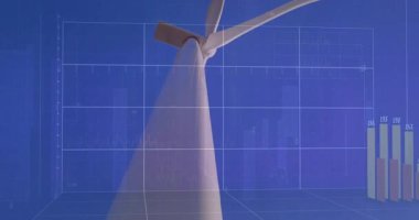 Rüzgar türbininin etrafındaki şebeke yükleme, bar çizelgesi yükseliyor, rayları sürükleyen teknisyen verileri izliyor. Yenilenebilir, enerji, teknoloji, analitik, endüstriyel, izleme, ilerleme