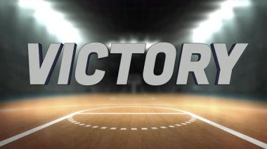 3D metalik metnin açılışı sırasında VICTORY, spot ışıkları altında yarı sahada döner. Şampiyonluk, başarı, aydınlanma, ihtişam, spor, rekabet, yansıma