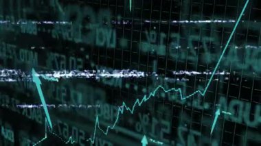 Fırlatma ızgarası, kayan kalpler, yükselen cyan çizgi çizelgesi, titreşen oklar, arızalar, kazanç gösterme. Futuristik, teknoloji, dijital, veri, yenilik, analitik, soyut