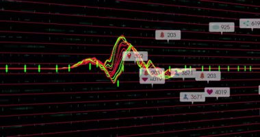 Nişan artışını gösteren etiketler belirdiğinde titreşen neon dalga formunda dalgalanan tepeler. Veri görselleştirme, dijital analiz, canlı, fütüristik, teknoloji, ölçüm, hareket